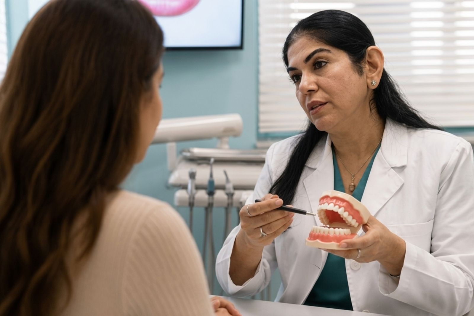 Dr. Uttma Dham explaining treatment to a patient with a dental model